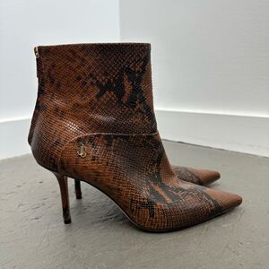 JIMMY CHOO Brown Leather Beyla 85 Snake-Effect Ankle Boots Pointed Toe Size 39